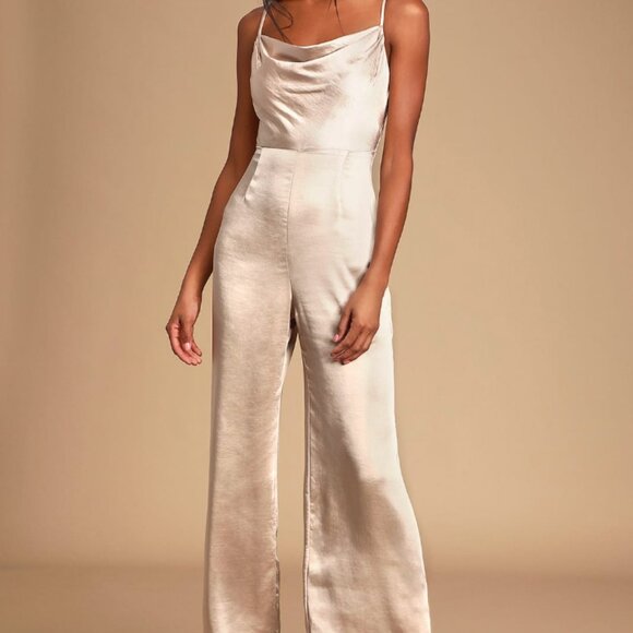 NWT: Perfect Night Champagne Satin Cowl Neck Culotte Jumpsuit (Lush) - Picture 3 of 6